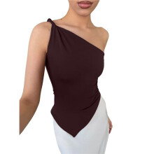 Womens 2025 Summer Y2K Tops Sleeveless One Shoulder Slim Fit Shirts Knit Asymmetrical Top Blouse Red-Brown S