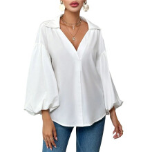 Women'S French Polka Dot Half-Open Collar Loose Bubble Long Sleeve Top White S