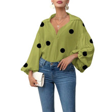 Women'S French Polka Dot Half-Open Collar Loose Bubble Long Sleeve Top Matcha Green S