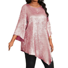 Dames 2025 Size Losse Ronde Hals Negenpunts Mouwen Onregelmatige Zoom Tops Glitter 5XL