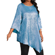 Dames 2025  Size Losse Ronde Hals Negenpunts Mouwen Onregelmatige Zoom Tops Lichtblauw XXXL
