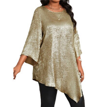 Dames 2025  Size Losse Ronde Hals Negenpunts Mouwen Onregelmatige Zoom Tops Goud 5XL