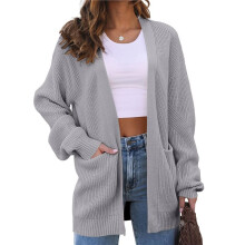 Dames Oversized Vest, Zacht Gebreid Vest met Zakken Grijs L