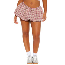 Dames  Geruite Bubbelrok 2025 Zomer Lage Taille Y2K Ruches Lantaarnrok met Korte Binnenkant Wijn Rood XS