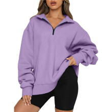 Dames Half Zip Oversized Sweatshirts Lange Mouwen Effen Kleur Drop Schouder Fleece Workout Pullover Paars S