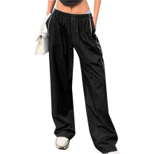 Womens Parachute Pants Wide Leg Baggy Pants Y2K Elastic Waist Jogger Sweatpants Track Pants Streetwear Black XXL