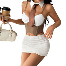 Women'S Striped Two-Piece Set, Including A Fake Collar Herringbone Top and A Skirt Set Brown L