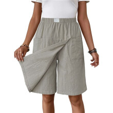 Women'S Linen Shorts Casual Bermuda Long Linen Shorts High Waisted Comfy Summer with Pockets Light Gray M