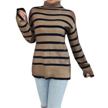 Women'S Casual Autumn Winter Long Sleeve Color Block Striped Knit Pullover Cozy Sweater Brown Stripes M