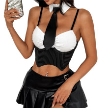 Women'S Striped Two-Piece Set, Including A Fake Collar Herringbone Top and A Skirt Set Black M