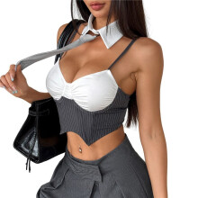 Women'S Striped Two-Piece Set, Including A Fake Collar Herringbone Top and A Skirt Set Grey L