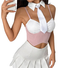 Women'S Striped Two-Piece Set, Including A Fake Collar Herringbone Top and A Skirt Set L