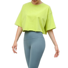 Short Sleeve Loose Crop Top Women Crew Neck Crop Shirt Drop Shoulder Casual Boxy Yoga Running Cropped Baic Tee Green S