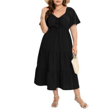Womens Size Summer 2025 Midi Maxi Dresses Short Sleeve Sweetheart Neck Elastic Waist Boho Beach Dress Black XXL