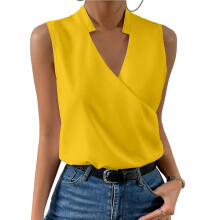 Womens Pleated Tank Tops V Neck Casual Sleeveless Blouses Summer Basic Vest Shirt Light Yellow M