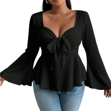 Women'S Size Tops Ruffle T Shirts Sweetheart Neck Bell Long Sleeve Top Black XXXL