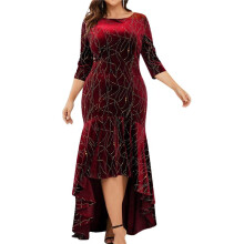 Size Dresses for Women 3/4 Sleeves Mermaid High Low Hem Maxi Velvet Formal Dress Red XL