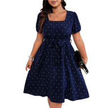 Women'S Size Elegant Retro Polka Dot Waist Tie Square Neck Swing Dress Dark XXXL
