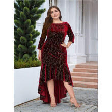 Size Dresses for Women 3/4 Sleeves Mermaid High Low Hem Maxi Velvet Formal Dress Red XXL