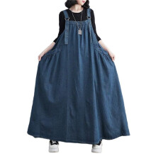 Denim Jumper Dress for Women Loose Version Baggy Style Maxi Length Adjustable Straps Wide Hemline S