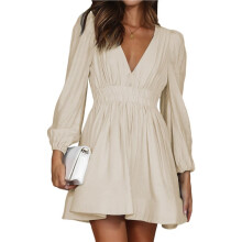 Deep V Long Sleeve Dress for Women A- High Waisted Casual Flowy Dress for Cocktail Wedding Guest Apricot L