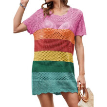 Swimsuit Cover for Women 2025 Crochet Bathing Suit Swimwear Mesh Knit Beach Dress Summer Clothes Rainbow Color M