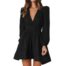 Deep V Long Sleeve Dress for Women A- High Waisted Casual Flowy Dress for Cocktail Wedding Guest Black XL