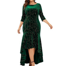 Size Dresses for Women 3/4 Sleeves Mermaid High Low Hem Maxi Velvet Formal Dress Green XL