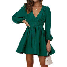 Deep V Long Sleeve Dress for Women A- High Waisted Casual Flowy Dress for Cocktail Wedding Guest Green L