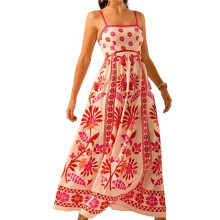 Womens 2025 Summer Floral Maxi Dress Sleeveless Spaghetti Strap Printed Smocked Boho Beach Long Dress Red XXL