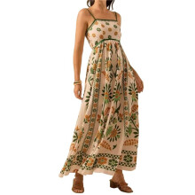 Womens 2025 Summer Floral Maxi Dress Sleeveless Spaghetti Strap Printed Smocked Boho Beach Long Dress Green S