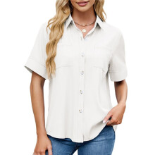 Womens Button Down Shirt Casual Short Sleeve Collared Work Blouse with Pocket White L