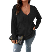 Women'S Size Casual Knitted V-Neck Long Sleeve Sweater Black 5XL