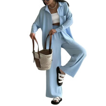 Women Casual Lounge Sets Long Sleeve Button Down Shirts and Wide Leg Pants Sets Tracksuit Light L