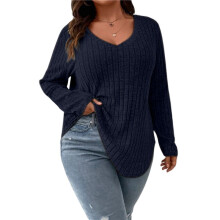 Women'S Size Casual Knitted V-Neck Long Sleeve Sweater Dark XL