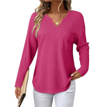 Womens Tops Waffle Knit Long Sleeve Notched V Neck Shirts Casual Trendy Solid Color Loose Blouses Rose Red XXL