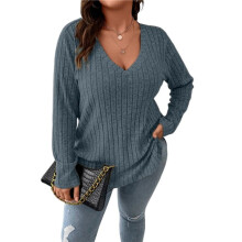 Women'S Size Casual Knitted V-Neck Long Sleeve Sweater Gray 4XL