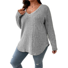 Women'S Size Casual Knitted V-Neck Long Sleeve Sweater Light Gray 5XL