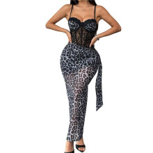 Women'S Summer Leopard Print Off Shoulder Dress, Waist Bodycon Long, Mesh Layers Grey S