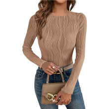 Women'S Tops 2025 Fall Fashion Long Sleeve Crewneck Blouse Slim Fit Textured Basic Knit T Shirt Y2k Clothes Khaki M
