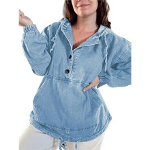 Women'S Denim Hoodie Jacket Button Jean Pullover with Drawstring Hood Casual Long Sleeve Sweatshirt Light M