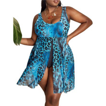 Women'S 2025 Summer Size U Neck Printed Tummy Control Side Split Tankini Swimsuits Leopard Pattern 5XL