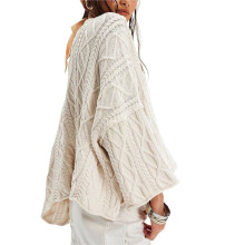 Womens Cable Knit Cropped Sweaters Oversized 3/4 Sleeve Crew Neck Fall Casual Pullover Tops Apricot XL