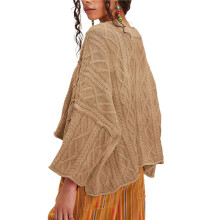 Womens Cable Knit Cropped Sweaters Oversized 3/4 Sleeve Crew Neck Fall Casual Pullover Tops Khaki L