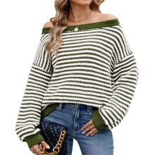 Womens Off the Shoulder Sweater 2025 Fall Winter Long Sleeve Striped Sweater Oversized Knitted Pullover Tops Olive Green XL