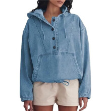 Women'S Denim Hoodie Jacket Button Jean Pullover with Drawstring Hood Casual Long Sleeve Sweatshirt Middle M