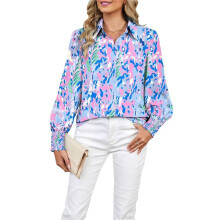 Women 2025 Loose V-Neck Shirts Print Lantern Sleeve Blouse Boho Tops Little Flower S