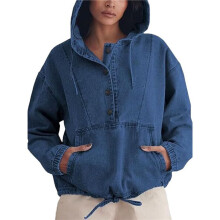 Women'S Denim Hoodie Jacket Button Jean Pullover with Drawstring Hood Casual Long Sleeve Sweatshirt Dark L