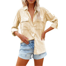 Women'S Striped Button Down Shirts Casual Long Sleeve Stylish V Neck Blouses Tops with Pockets Yellow M
