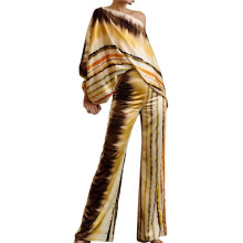 Womens Fall Loose 2 Piece Outfits Off Shoulder Printed Long Sleeve Casual Going Out Wide Leg Pants Set Light Yellow XXL